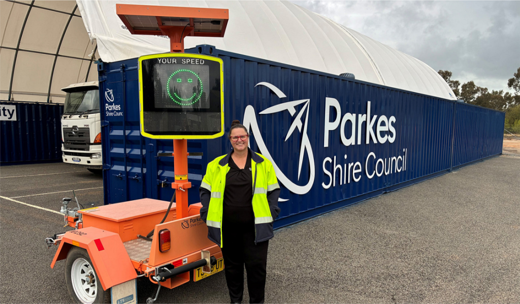 Pictured is a Parkes Shire Council’s Road Safety and Injury Prevention Officer, Melanie Suitor with the new speed monitor trailer in Peak Hill.