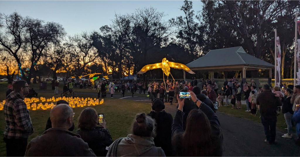 This year’s brand-new goanna sculpture will march alongside the much-loved brolgas that have graced the celebration for years. Brolga in parade pictured in 2024.