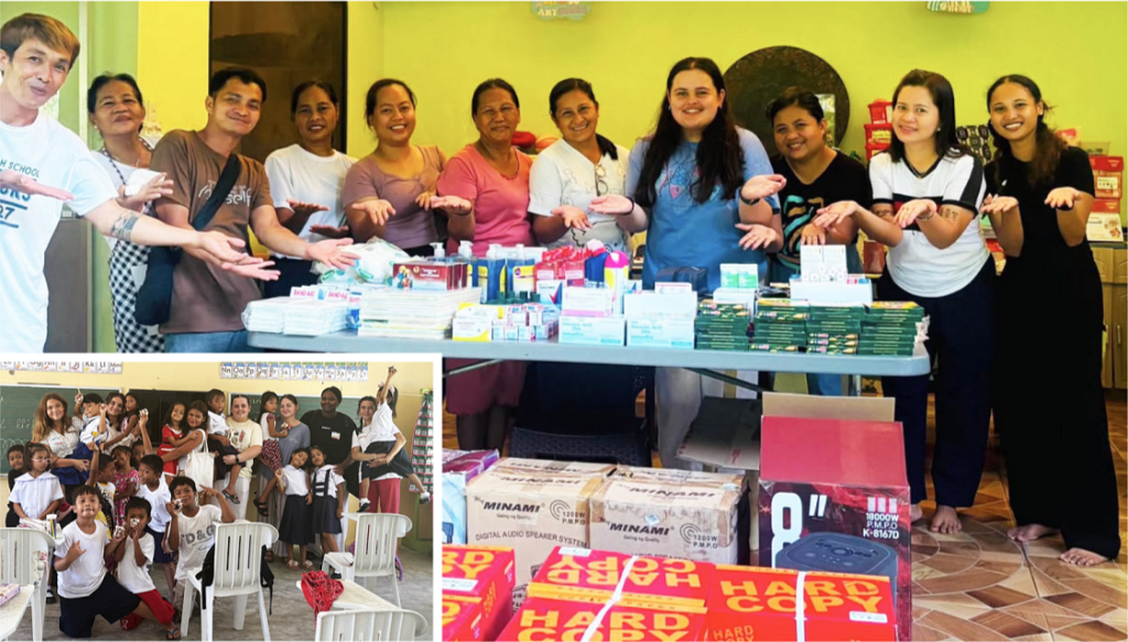 Maddy is pictured in the centre (wearing a blue shirt) presenting donations to a local school she visited in the Philippines. INSET: Maddy pictured in the centre, along with other volunteers and children from the school she visited.