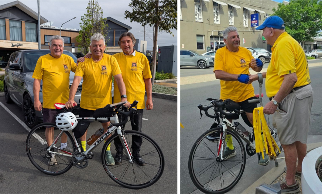 From Left to right Michael Louis and David Cherote on the road. Right: Louis arriving 4.30pm Tuesday greeted by his major sponsor J&J Robertson Transport, John Robertson.
