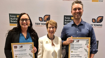 Parkes Shire Councillor Marg Applebee (left) with Her Excellency The Honourable Margaret Beazley AC KC and PSC Manager Environment and Sustainability Michael Chambers at Keep Australia Beautiful NSW 2026 Tidy Towns Sustainability Awards in Orange over the weekend.
